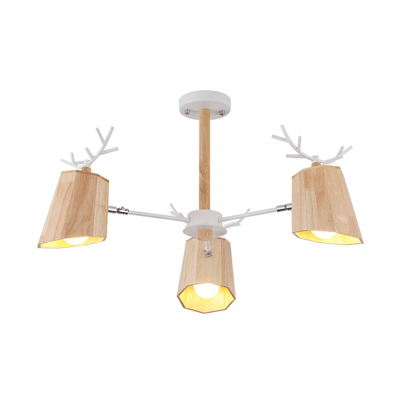 Nordic Beveled Hanging Light Wood 3/8 Heads Dining Room Chandelier Light Fixture in Beige