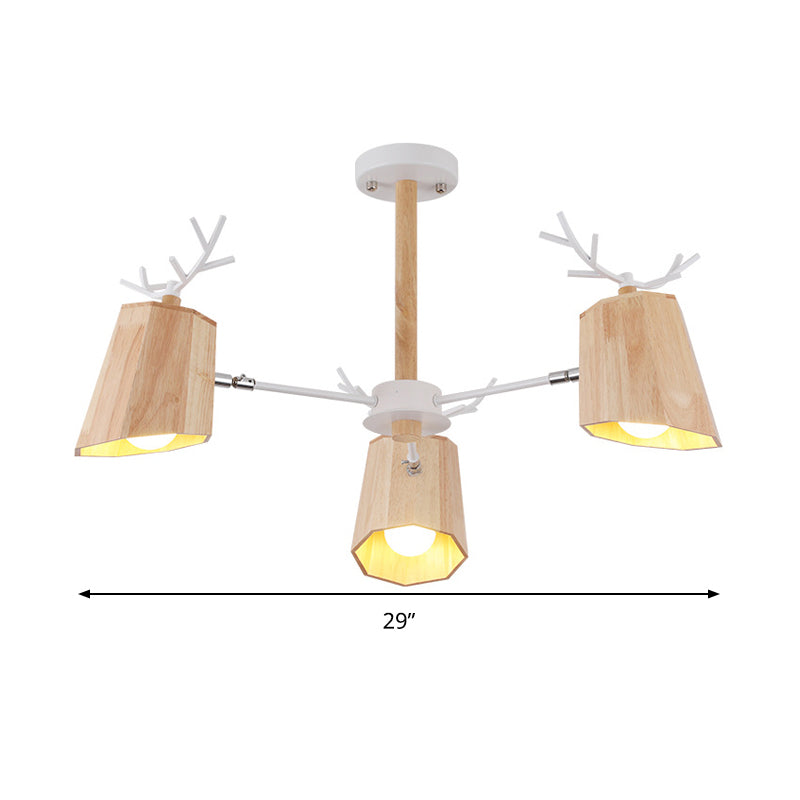 Nordic Beveled Hanging Light Wood 3/8 Heads Dining Room Chandelier Light Fixture in Beige