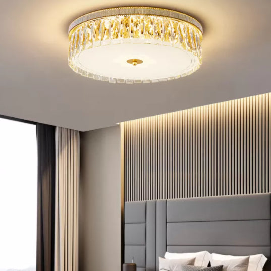 Gold Cylindrical LED Ceiling Light in Modern Luxury Style Crystal Indoor Flush Mount with Glass Shade