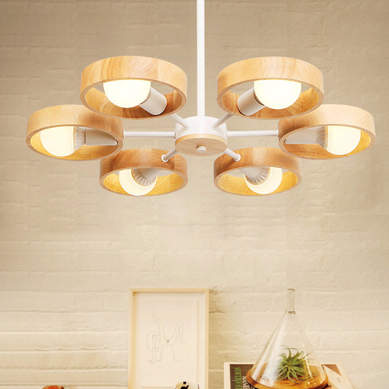 Éclairage d'éclairage de lustre en bois radial Simple 6 lumières Plafond blanc Light