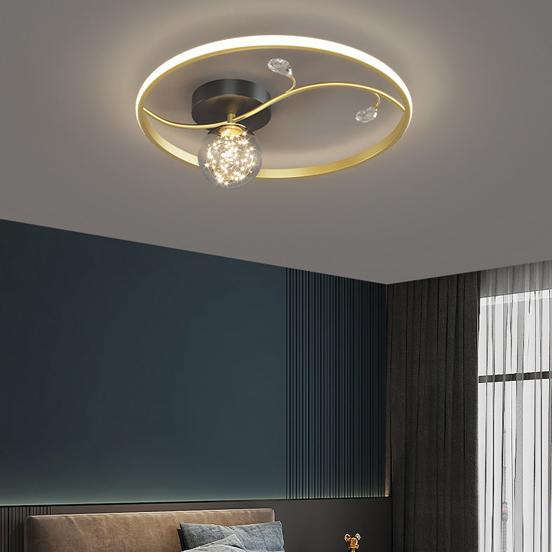 Luz de techo estrellado de metal LED de montaje en forma de anillo negro en forma de anillo con decoración de cristal