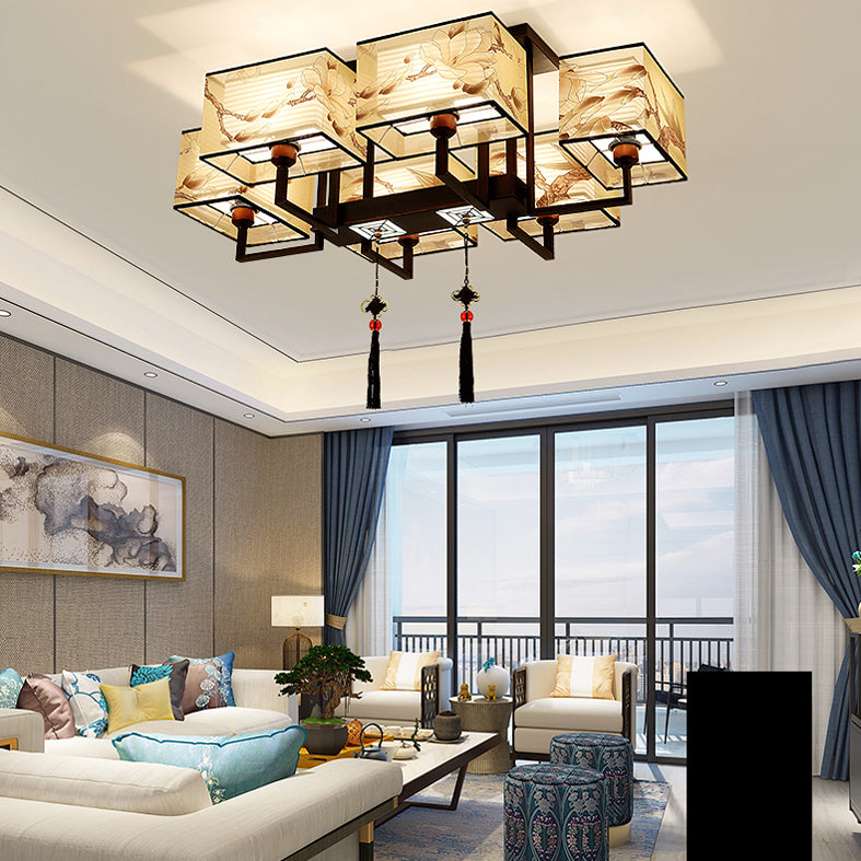 Braune Halbflush -Mount -Lampe Traditioneller Stil Schmiedeeisen Deckenleuchte mit quadratischem Stoff Schatten