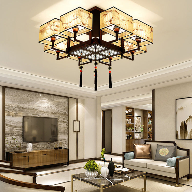 Braune Halbflush -Mount -Lampe Traditioneller Stil Schmiedeeisen Deckenleuchte mit quadratischem Stoff Schatten