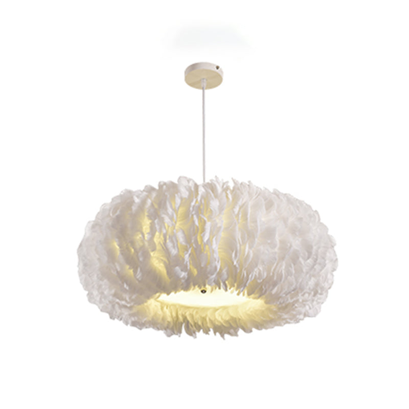 Circle Feather Chandelier Pendant Light Minimal Hanging Light Fixture for Bedroom