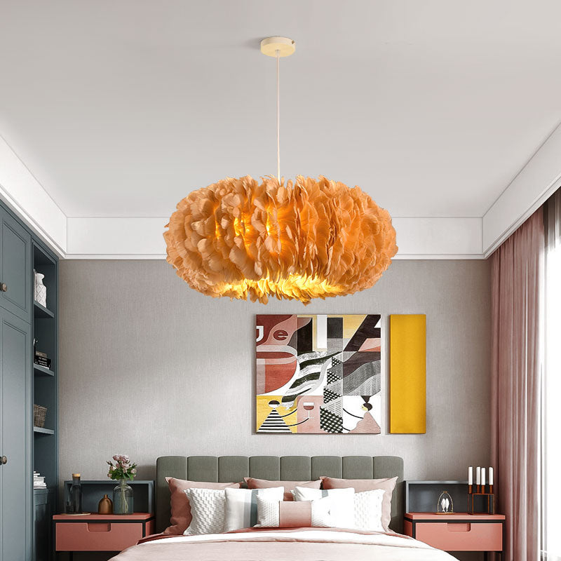 Circle Feather Chandelier Pendant Light Minimal Hanging Light Fixture for Bedroom