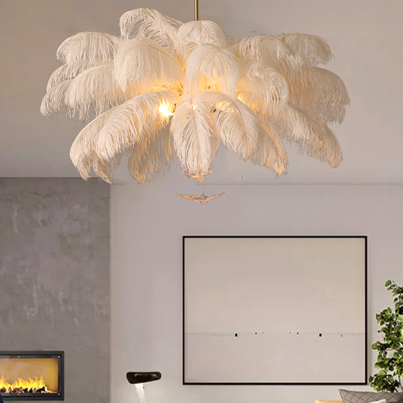 Shaded Ceiling Chandelier Simplistic Feather White Chandelier Light Fixture for Living Room