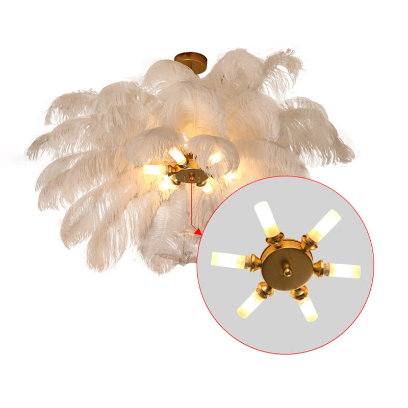Shaded Ceiling Chandelier Simplistic Feather White Chandelier Light Fixture for Living Room