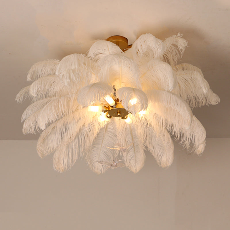 Shaded Ceiling Chandelier Simplistic Feather White Chandelier Light Fixture for Living Room