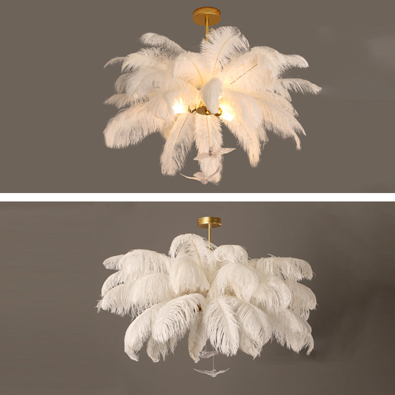 Shaded Ceiling Chandelier Simplistic Feather White Chandelier Light Fixture for Living Room