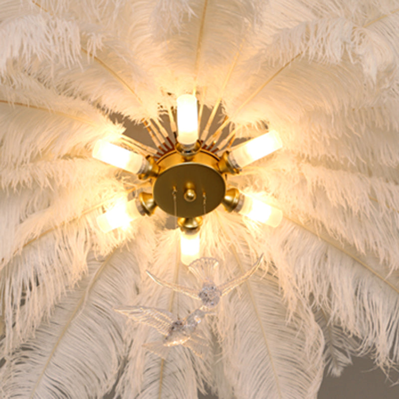 Shaded Ceiling Chandelier Simplistic Feather White Chandelier Light Fixture for Living Room