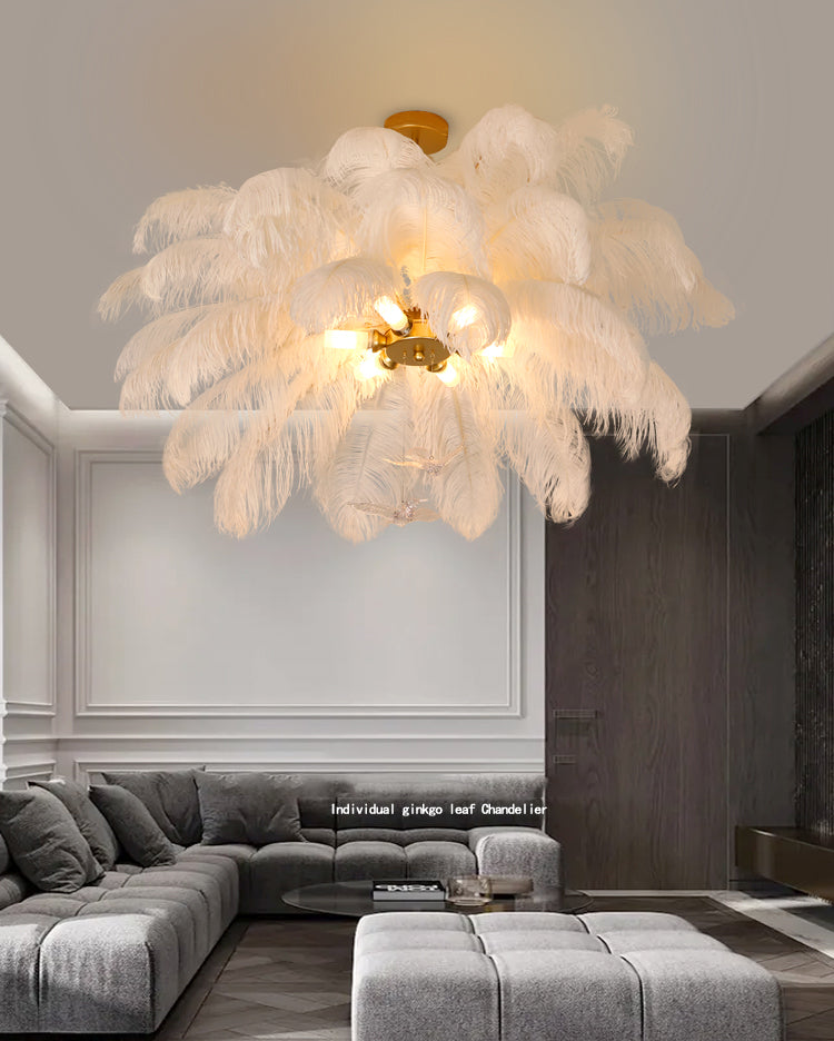 Shaded Ceiling Chandelier Simplistic Feather White Chandelier Light Fixture for Living Room
