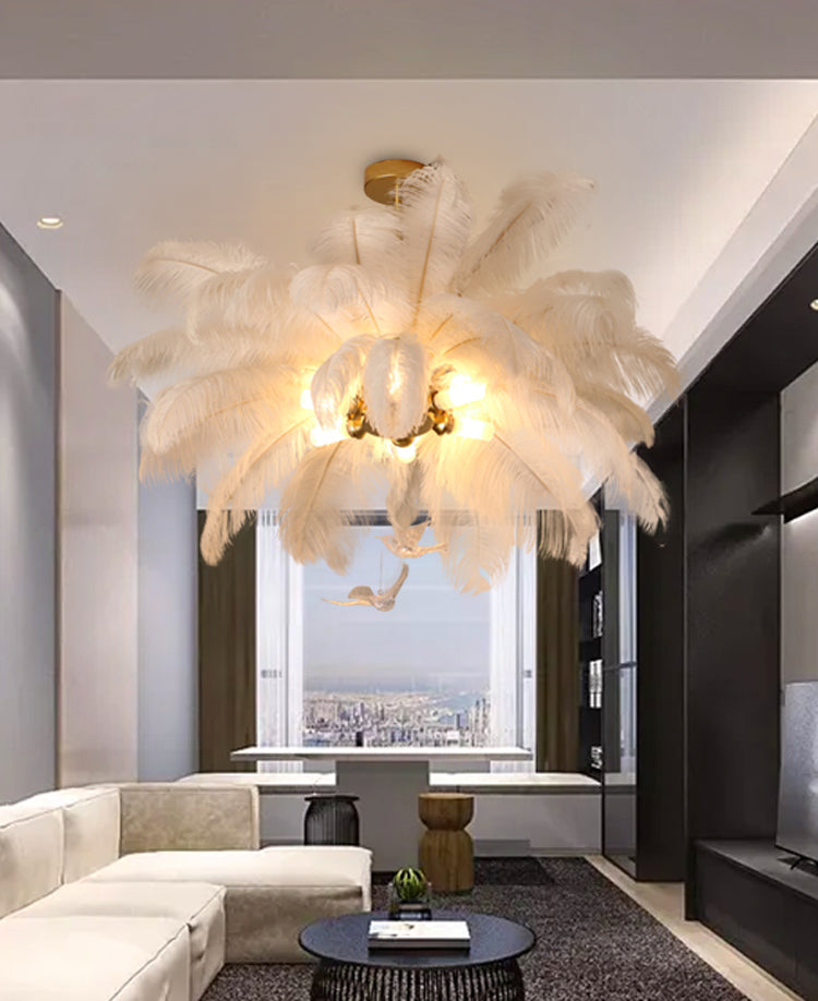 Shaded Ceiling Chandelier Simplistic Feather White Chandelier Light Fixture for Living Room