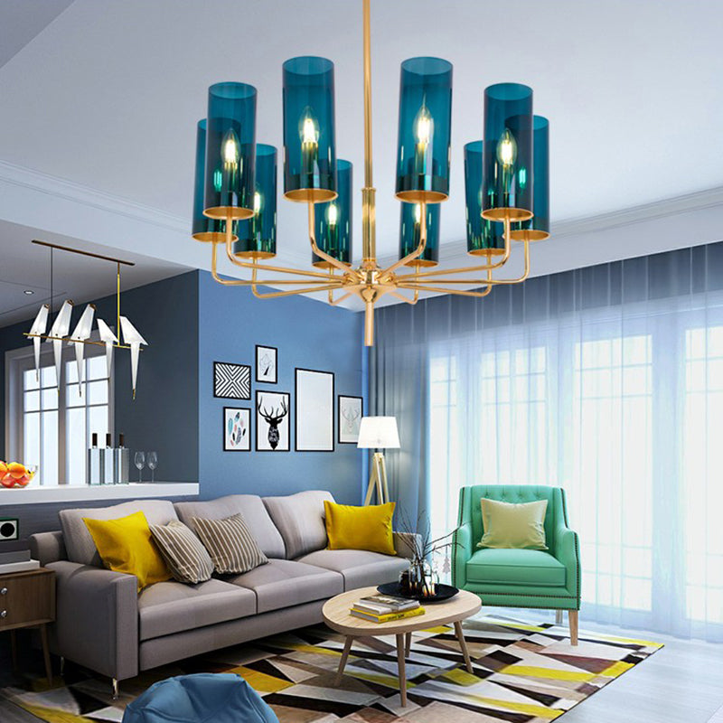 Glass Cylinder Hanging Light Fixture Contemporary Style Ceiling Chandelier in Blue