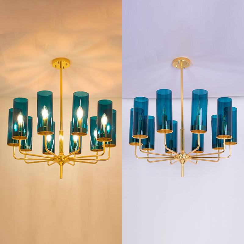 Glass Cylinder Hanging Light Fixture Contemporary Style Ceiling Chandelier in Blue