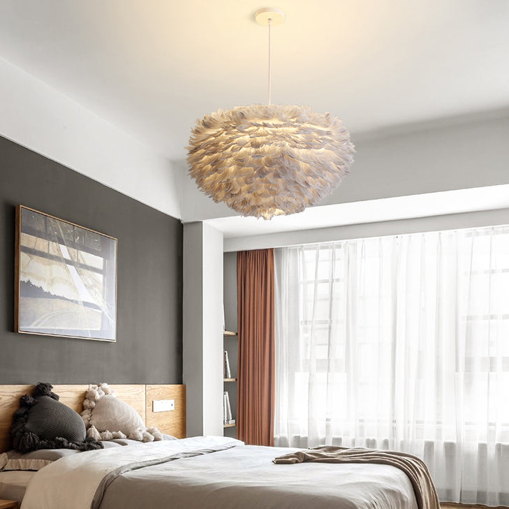 Shaded Hanging Ceiling Light Minimalism Feather Bedroom Chandelier Pendant Light in White