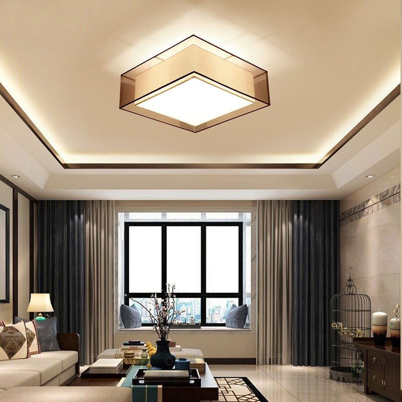 Wrought Iron Ceiling Light in Traditional Classic Style Geometric Indoor Flush Mount with Flax Fabric Shade