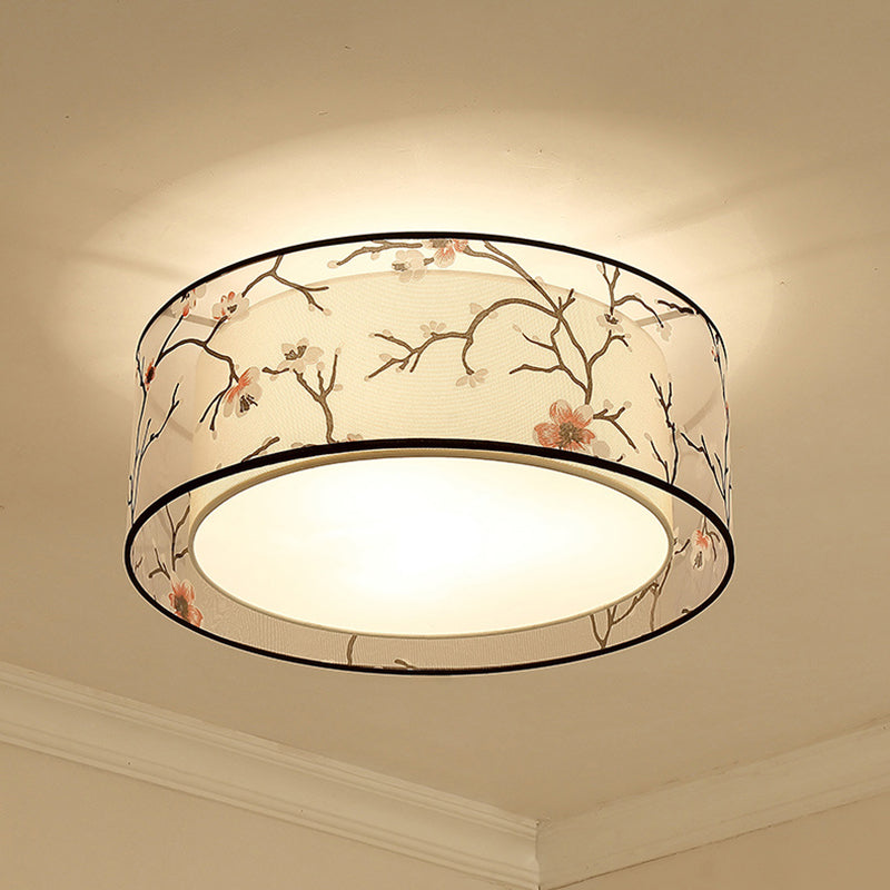 Wrought Iron Ceiling Light in Traditional Classic Style Geometric Indoor Flush Mount with Flax Fabric Shade