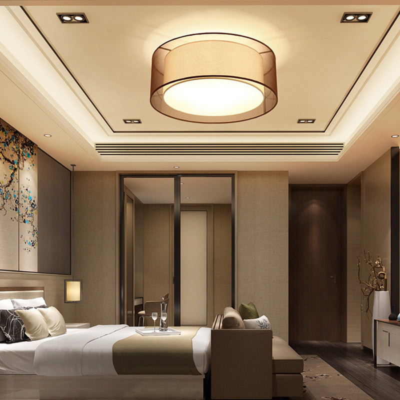 Wrought Iron Ceiling Light in Traditional Classic Style Geometric Indoor Flush Mount with Flax Fabric Shade