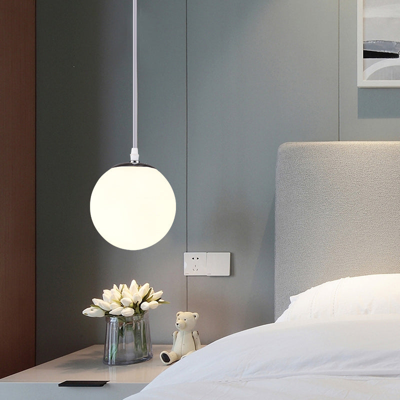 Chrome Finish Spherical Hanging Light Minimalist 1 Head White Glass Pendant for Dinner