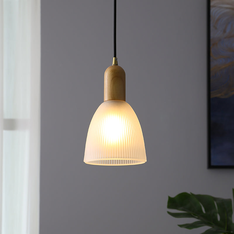 Wood Bell Shaped Pendant Lamp Nordic Ribbed Frosted Glass Suspension Light for Restaurant