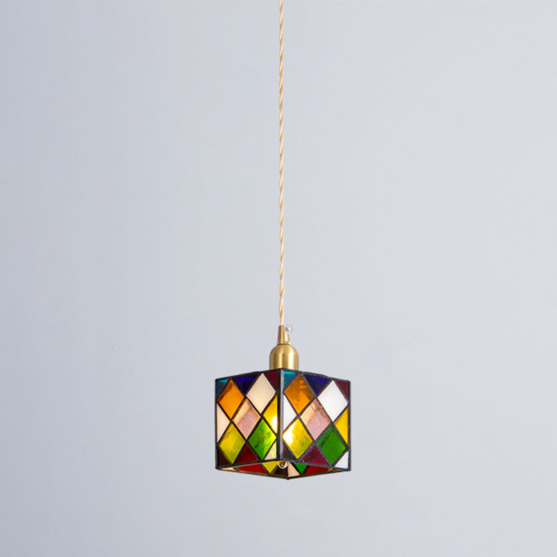 Stained Glass Square Pendant Lamp Tiffany Style 1 Head Brass Hanging Light Fixture