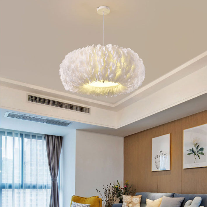 Circle Feather Chandelier Pendant Light Minimal Hanging Light Fixture for Bedroom