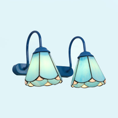 Tiffany Conical Vanity Lighting Fixture 2 Heads White/Blue Glass Wall Mounted Light for Bathroom