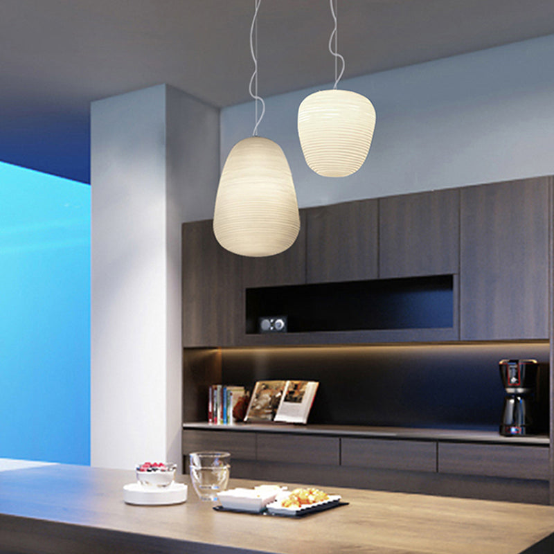 Cocoon Shaped Restaurant Pendant Lighting White Rib Glass 1-Bulb Simple Hanging Light