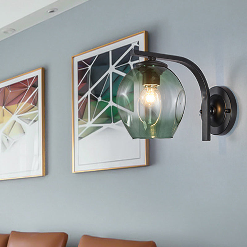 Cup SCONCE Moderne blauw/groen/barnsteen Dimmpled geblazen glas 1 met kop wandgemonteerde verlichting met zwart/gouden metalen gebogen arm voor bed