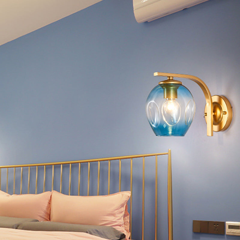 Cup SCONCE Moderne blauw/groen/barnsteen Dimmpled geblazen glas 1 met kop wandgemonteerde verlichting met zwart/gouden metalen gebogen arm voor bed