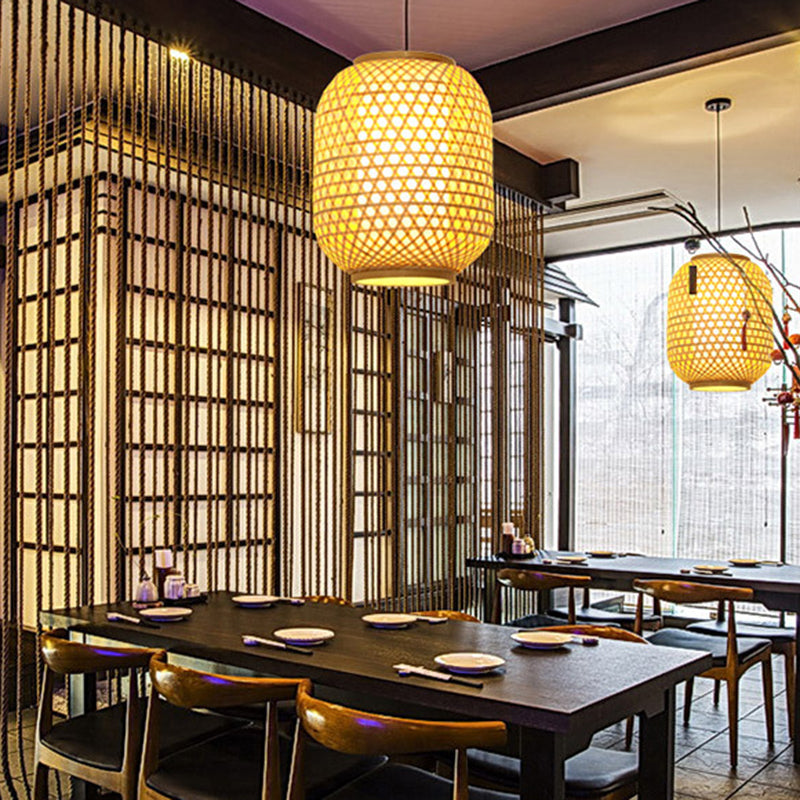 16“/19.5” Height Asia Lantern Hanging Pendant Bamboo 1 Light Dining Room Ceiling Light in Beige