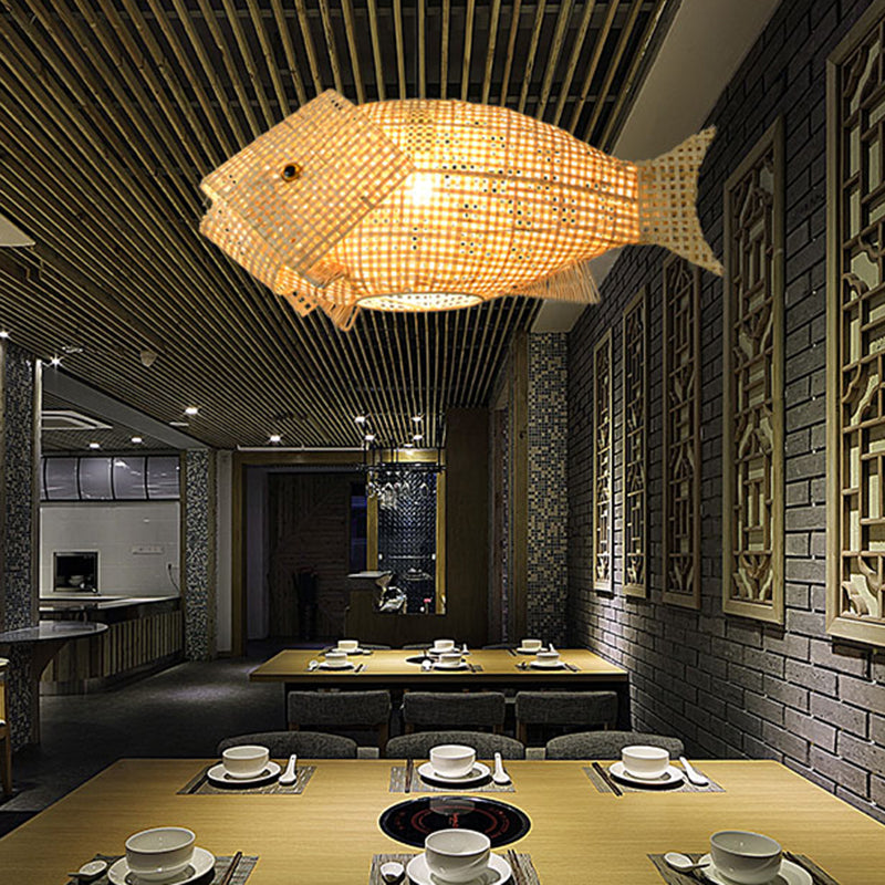 Beige Fish Shaped Suspension Pendant Modern 1 Light Bamboo Ceiling Light for Restaurant
