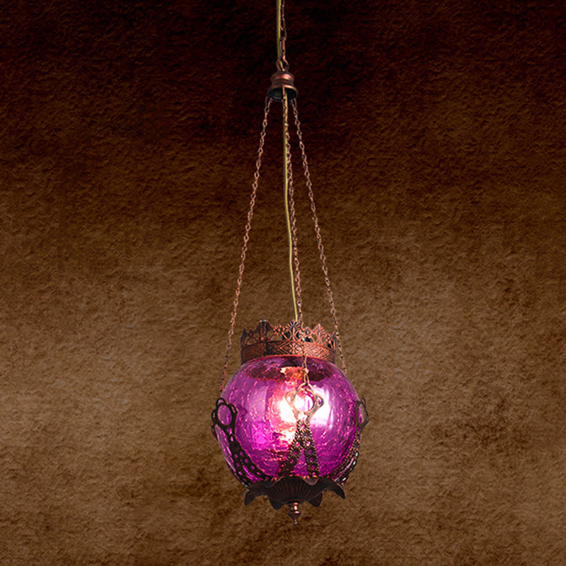 1 Light Red/Purple/Brown Glass Pendant Lighting Fixture Moroccan Globe Shaped Restaurant Hanging Ceiling Light