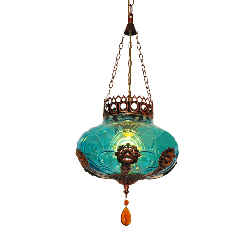 1 Light Pendant Light Fixture Moroccan Oval Blue Texture Glass Suspension Lamp for Dining Room