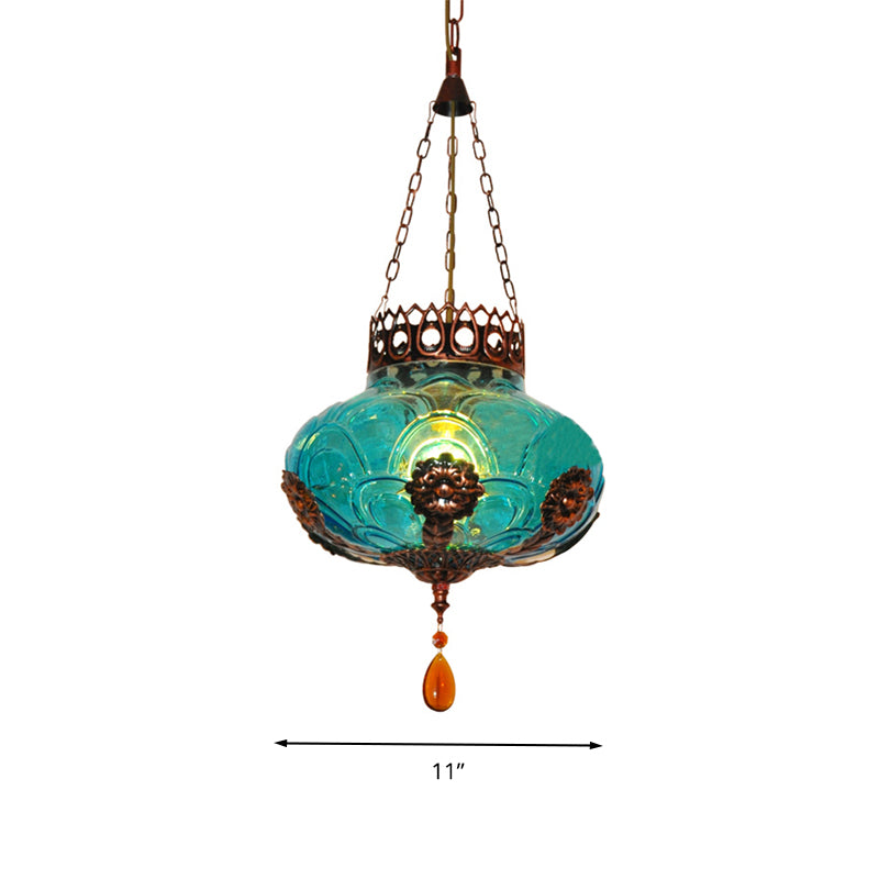 1 Light Pendant Light Fixture Moroccan Oval Blue Texture Glass Suspension Lamp for Dining Room