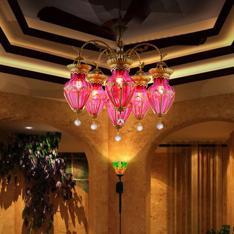 6 Lights Chandelier Light Fixture Curved Arm Red/Blue/Green Glass Suspension Pendant in Brass for Restaurant