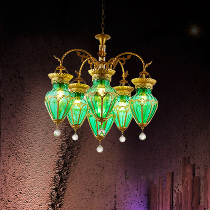 6 Lights Chandelier Light Fixture Curved Arm Red/Blue/Green Glass Suspension Pendant in Brass for Restaurant