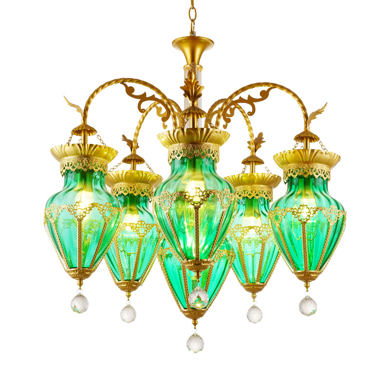 6 Lights Chandelier Light Fixture Curved Arm Red/Blue/Green Glass Suspension Pendant in Brass for Restaurant