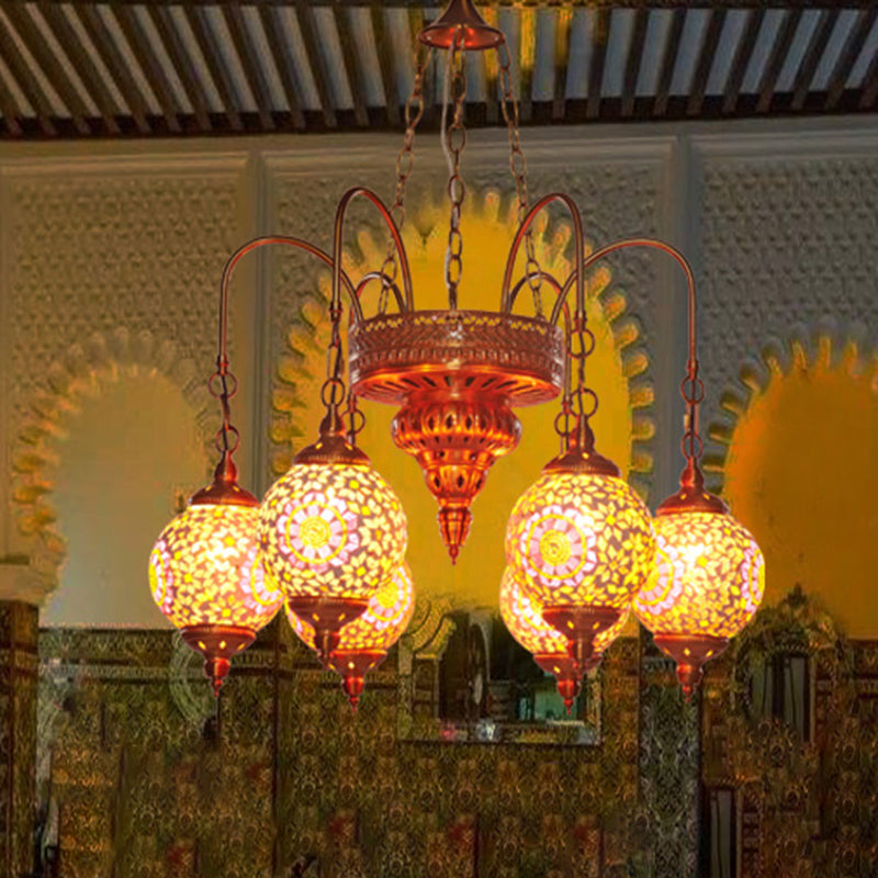 Globe Restaurant Chandelier Lighting Fixture Metal 6 Lights Gold Pendant Light with Colorful Glass Shade