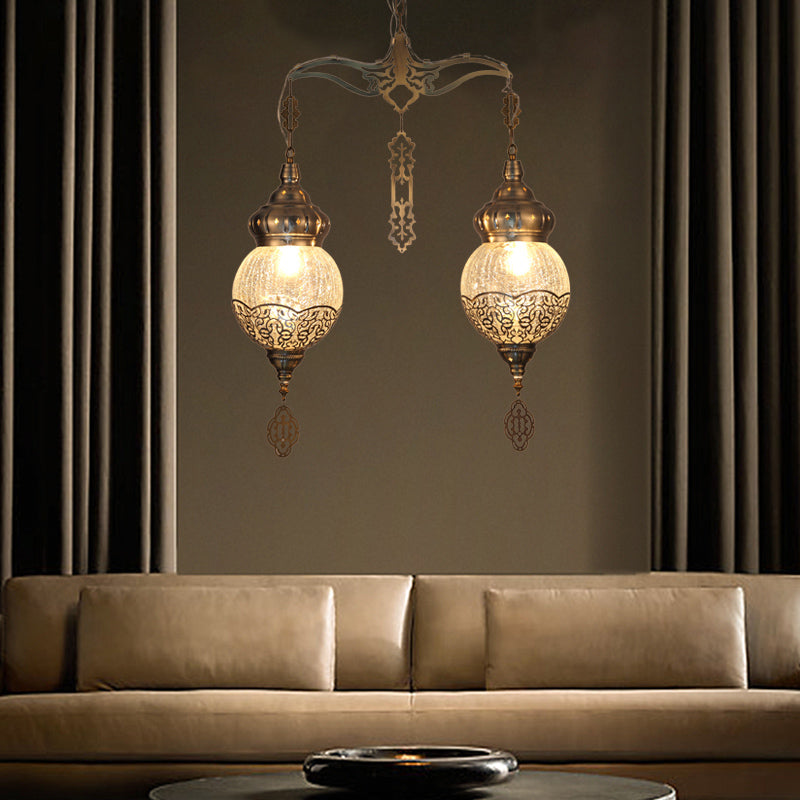 Bronze 2 Lights Chandelier Lamp Vintage Style Crackle Glass Globe Shaped Hanging Light Kit