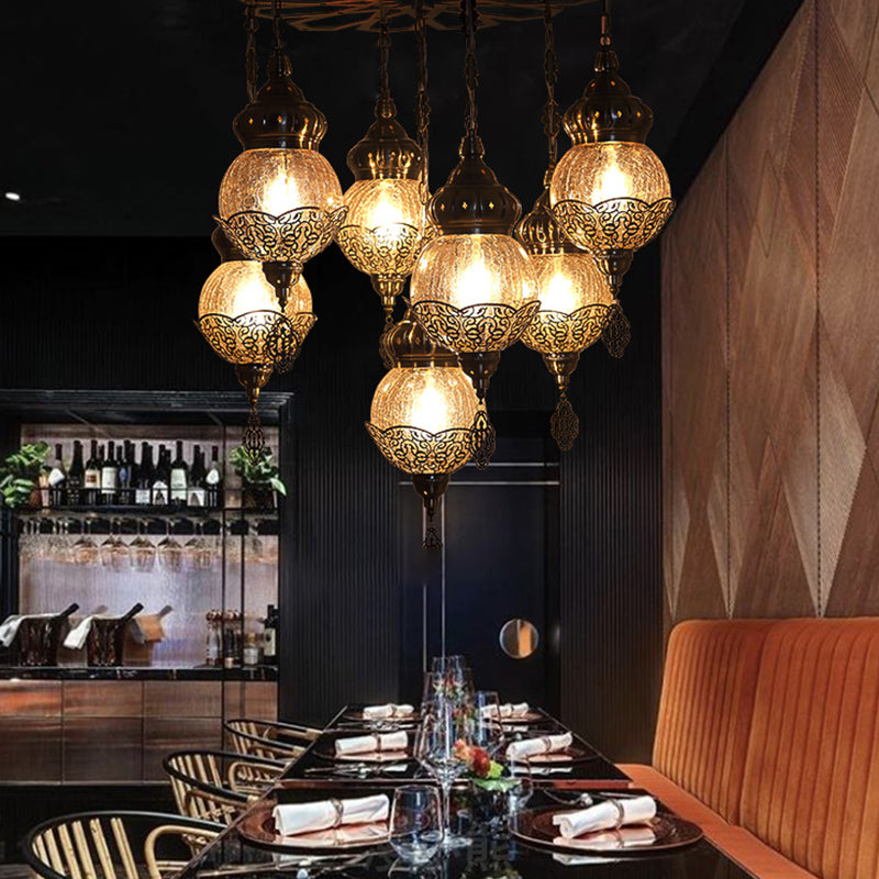 Bronze Spherical Chandelier Moroccan Amber Crackle Glass 7 Lights Restaurant Hanging Ceiling Light with Metal Frame