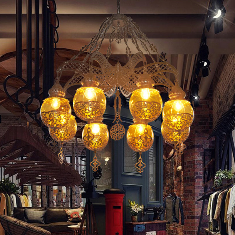 Yellow Glass Spherical Hanging Chandelier Moroccan 3/6/8 Lights Restaurant Suspension Lighting
