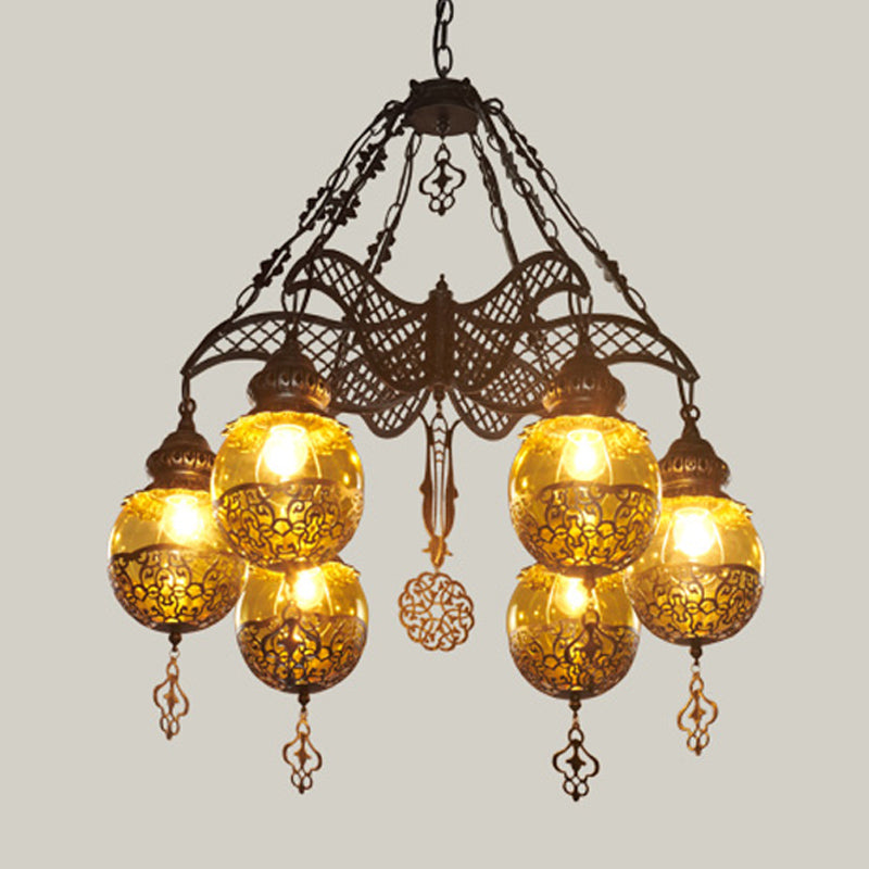 Yellow Glass Spherical Hanging Chandelier Moroccan 3/6/8 Lights Restaurant Suspension Lighting