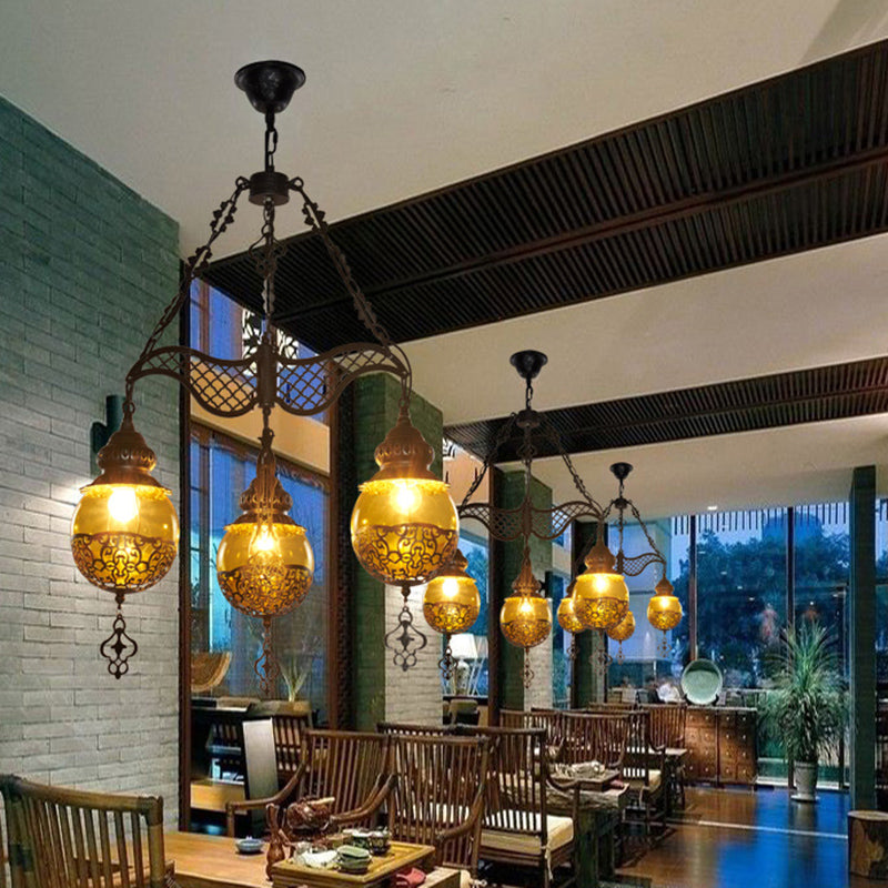 Yellow Glass Spherical Hanging Chandelier Moroccan 3/6/8 Lights Restaurant Suspension Lighting