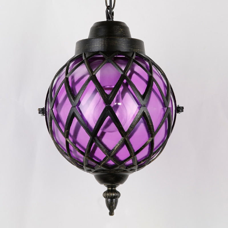 1 Light Restaurant Pendant Lighting Moroccan Black Ceiling Light with Globe Amber/Green/Purple Glass Shade