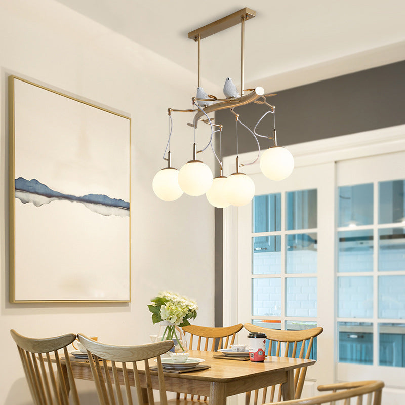 Milky Blown Glass Sphere Chandelier Pendant Postmodern 5 Heads Gold Finish Hanging Light Kit with Bird Deco