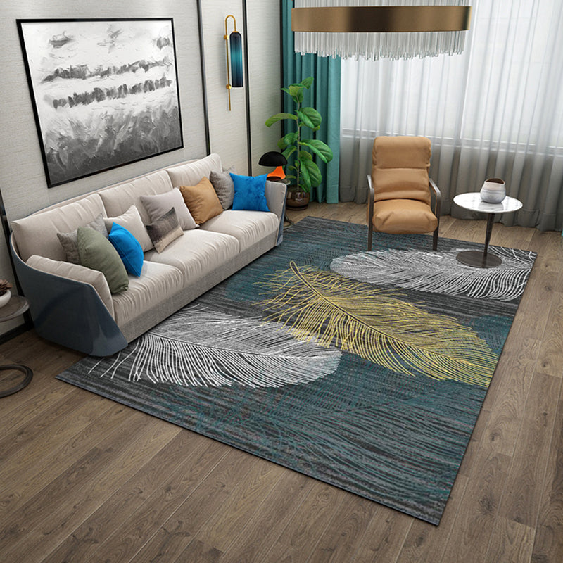 Grey Tone Vintage Area Rug Polyester Leaves Print Rug Non-Slip Backing Indoor Rug for Living Room