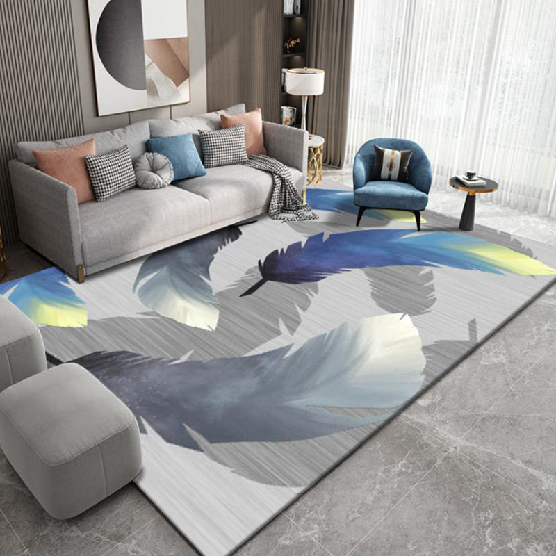 Grey Tone Vintage Area Rug Polyester Leaves Print Rug Non-Slip Backing Indoor Rug for Living Room
