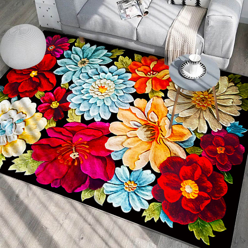 Multi-Color Floral Print Area Rug Modern Trendy Polyester Rug Rectangle Friendly Washable Carpet for Home Decor