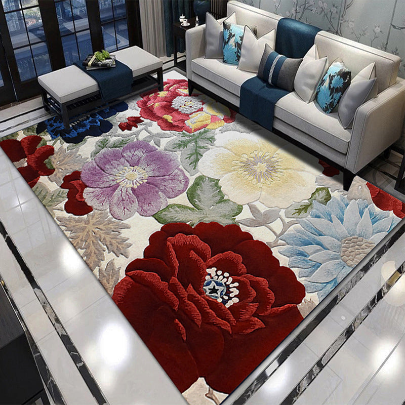 Multi-Color Floral Print Area Rug Modern Trendy Polyester Rug Rectangle Friendly Washable Carpet for Home Decor